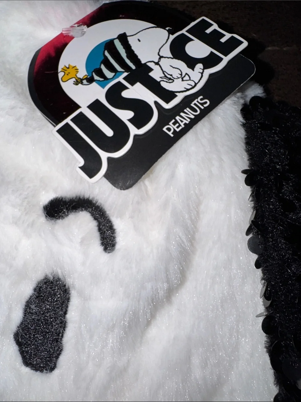 Peanuts x Justice White Plush snoopy Ear Hat with Black Sparkle Ears